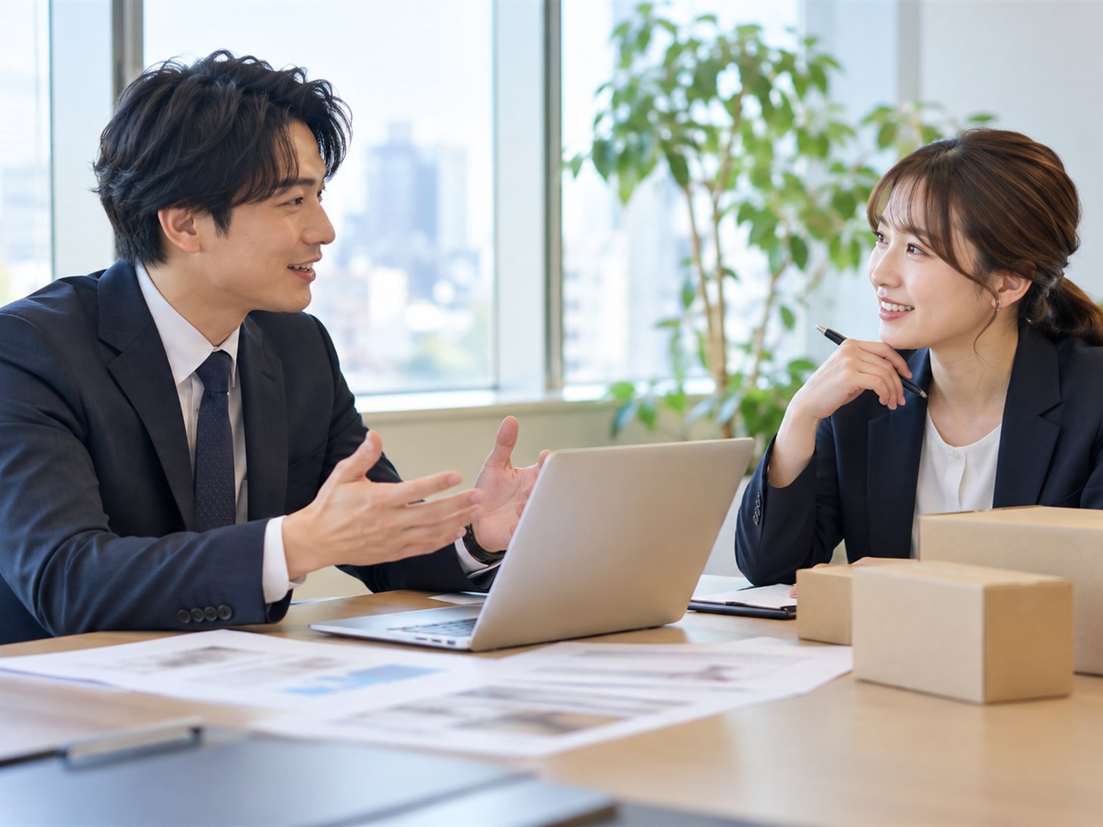 在庫の買取について打ち合わせをする担当者