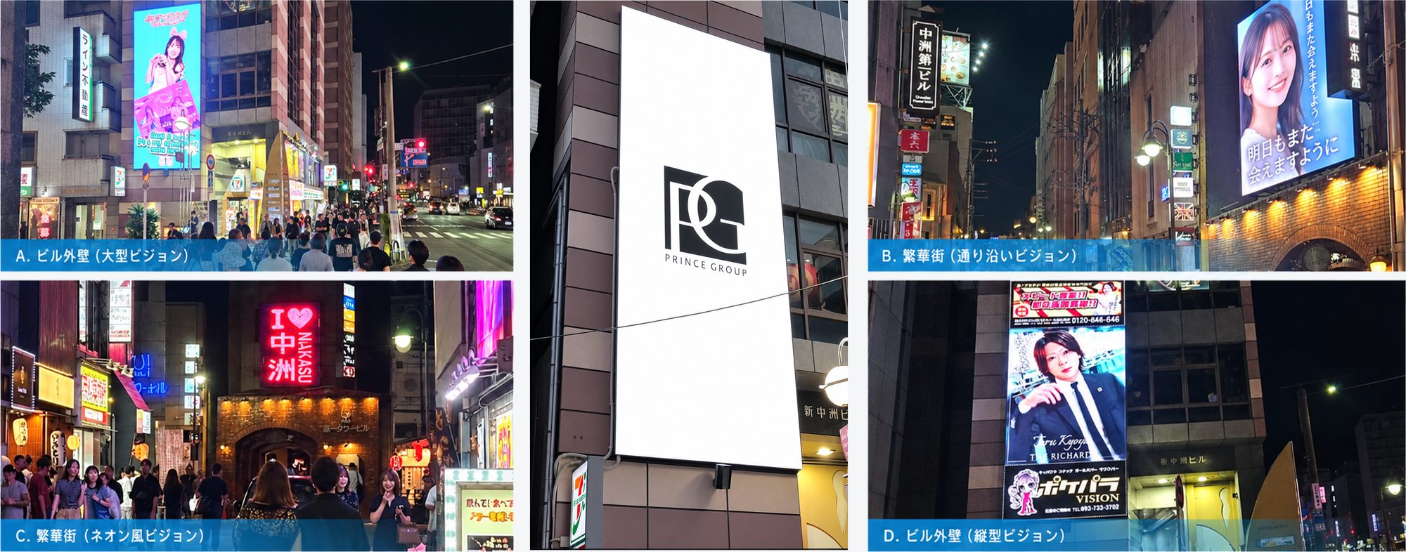 LED導入事例：A. ビル外壁（大型ビジョン）、B. 繁華街（通り沿いビジョン）、C. 繁華街（ネオン風ビジョン）、D. ビル外壁（縦型ビジョン）