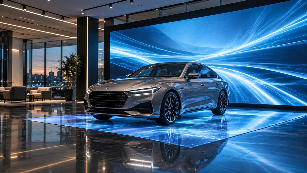 自動車ショールームの大型LEDウォールと床面LED