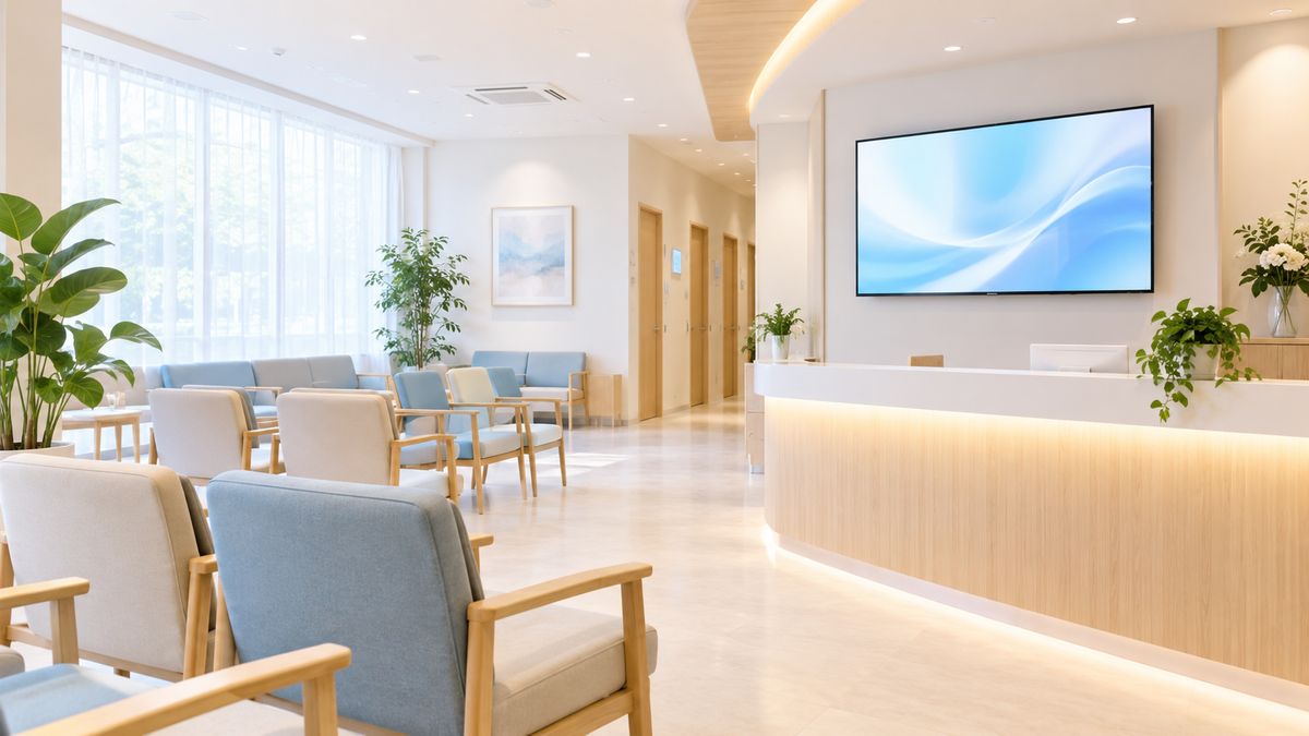 クリニックの待合室に設置された案内用LEDサイネージ
