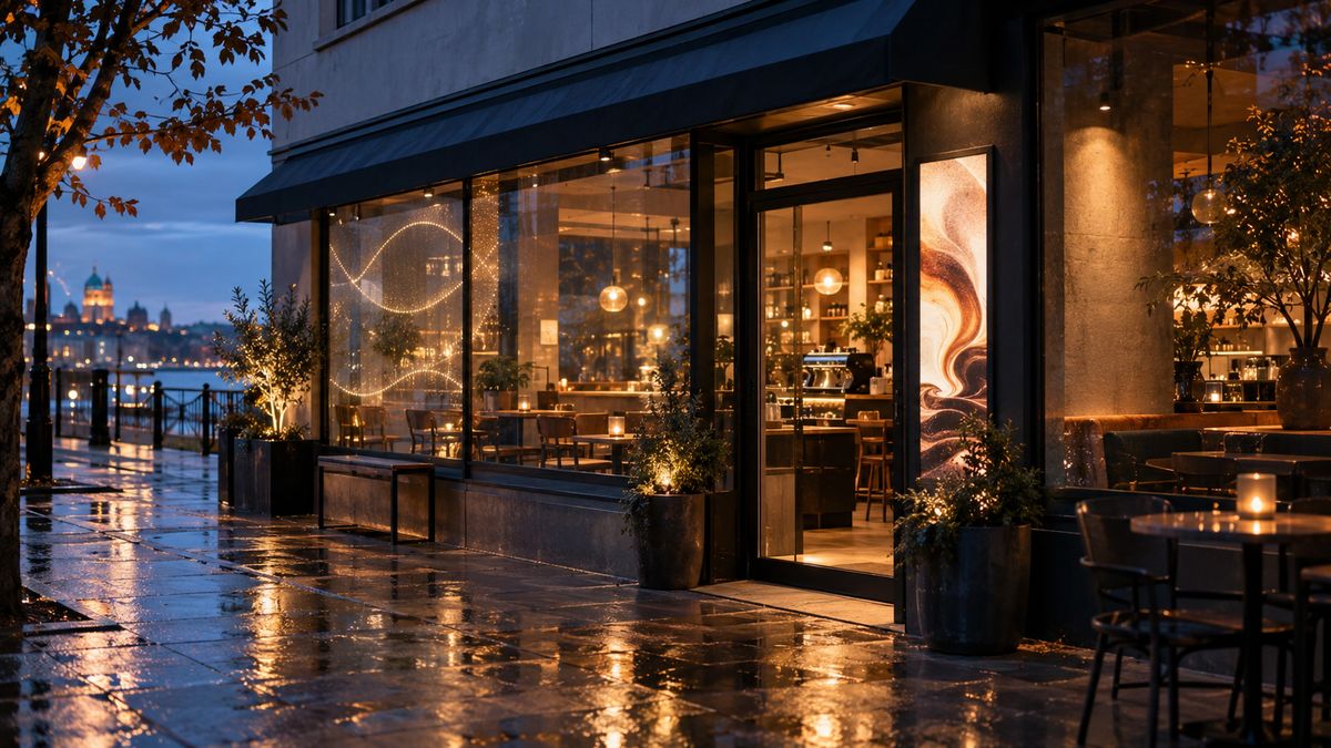 カフェ店頭の縦型ポスターLEDと窓面の透明LED
