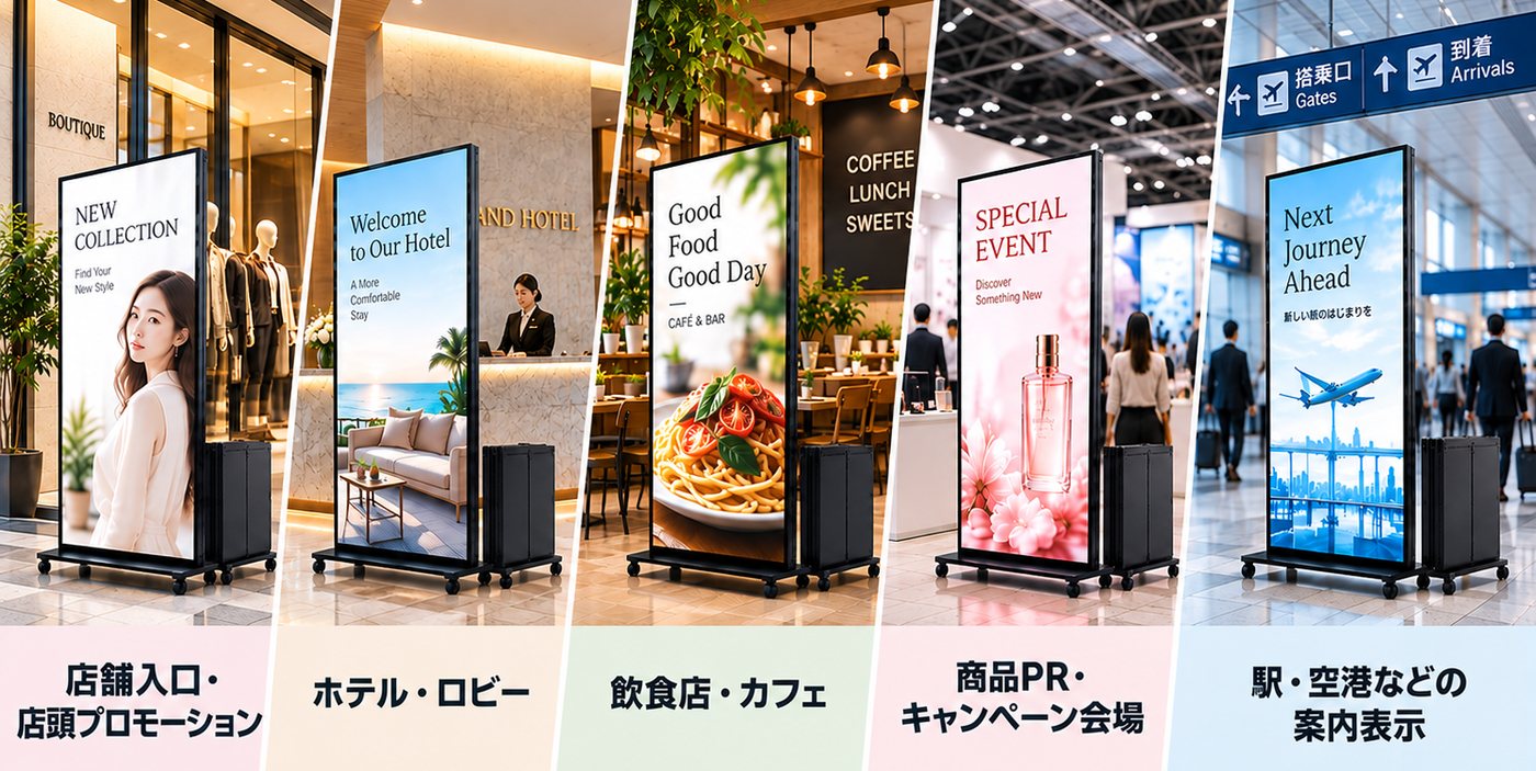 使用シーン：店舗入口・店頭プロモーション、ホテル・ロビー、飲食店・カフェ、商品PR・キャンペーン会場、駅・空港などの案内表示