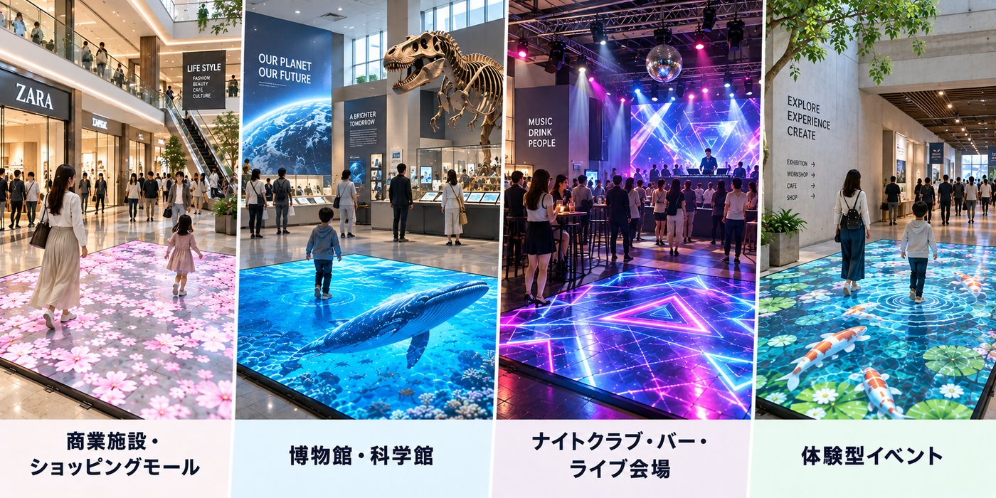 使用シーン：商業施設・ショッピングモール、博物館・科学館、ナイトクラブ・バー・ライブ会場、体験型イベント