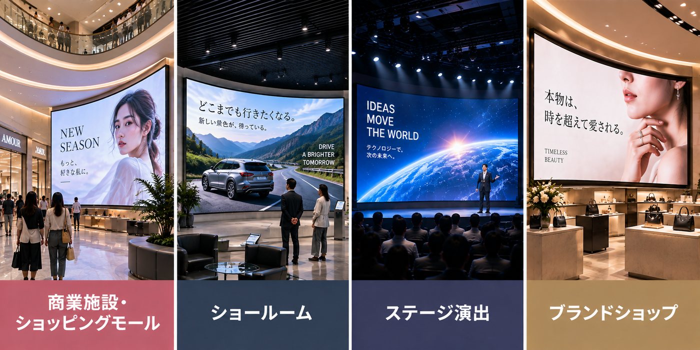 使用シーン：商業施設・ショッピングモール、ショールーム、ステージ演出、ブランドショップ